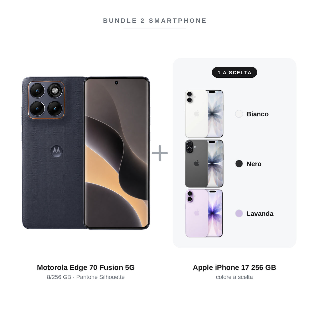 Apple Iphone 17 256 GB Lavander TIM + Motorola Edge 70 Fusion 5G 8+512 GB Pantone Silhouette W3 - BUNDLE: 1pz + 1pz